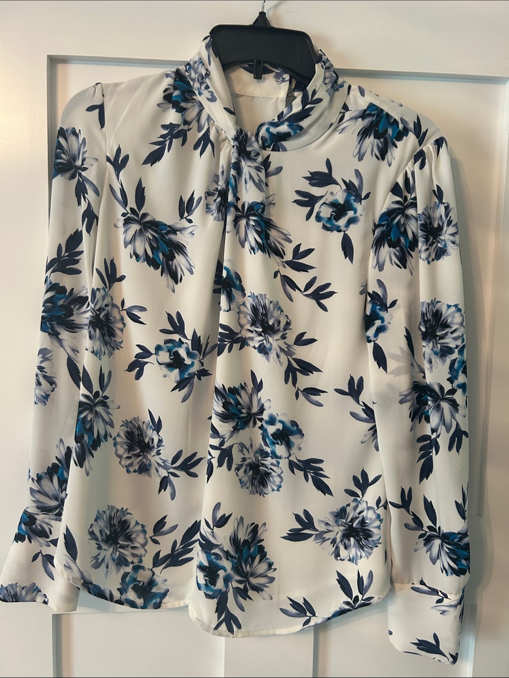 White House Black Market White Blouse with Blue Floral Tie-Neck